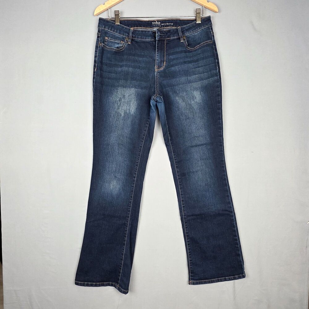 SoHo New York & Company Jeans Size12 Curvy Bootcut Dark Blue Distressed Denim